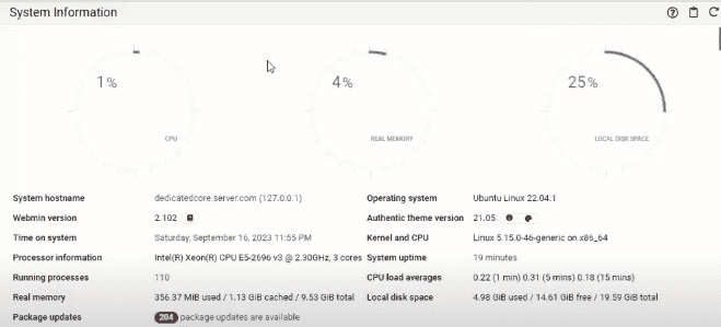 system information using webmin dashboard