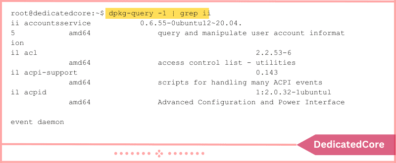 command dpkg query to list all installed packages