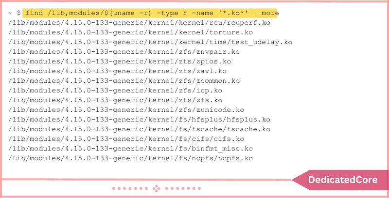 terminal output of all available modules