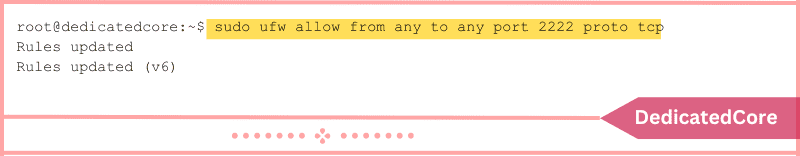 firewall port 2222 allow rule update terminal output