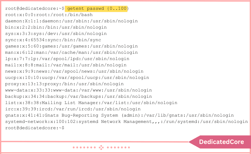 command lists all users within specified uid range