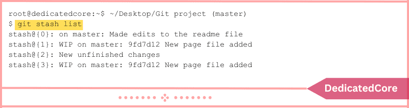 output displaying list of existing git stashes