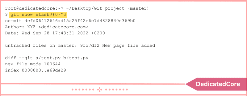 output shows the untracked files in specified stash