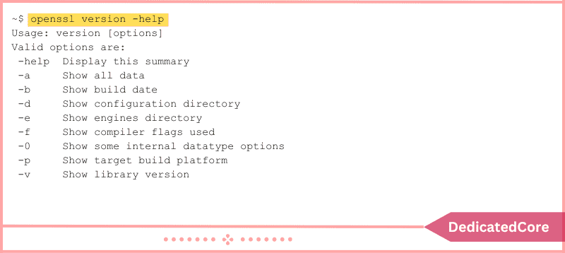 help command valid options for openssl version