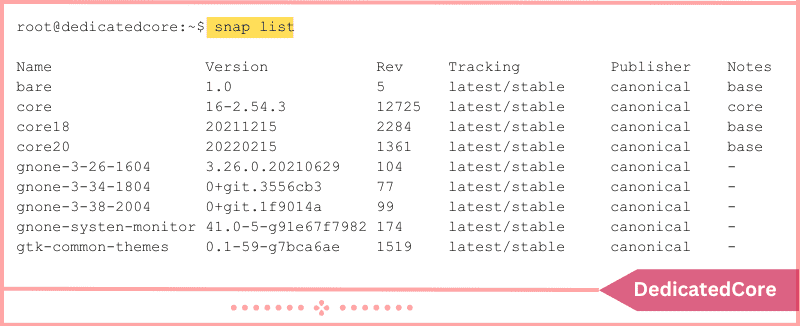 command to display installed snap packages