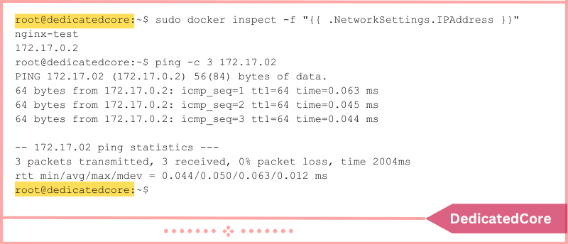 ping ip address to verify ssh into docker container