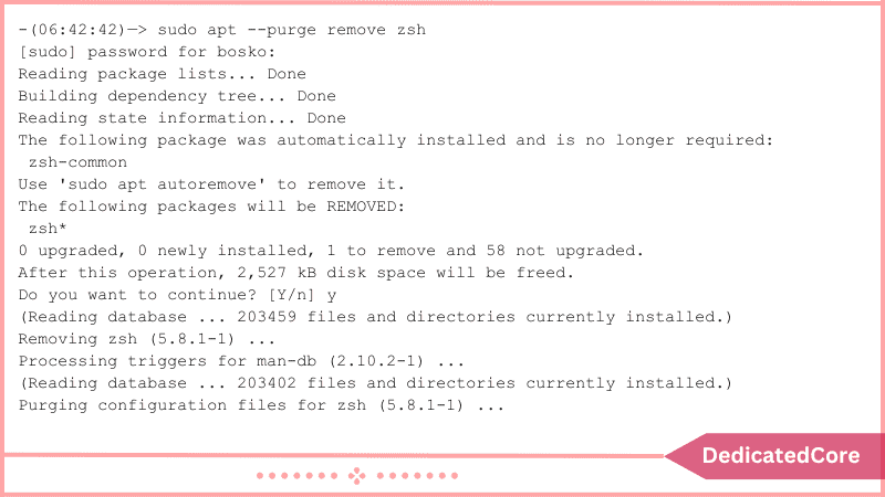 Purge zsh package from system running command