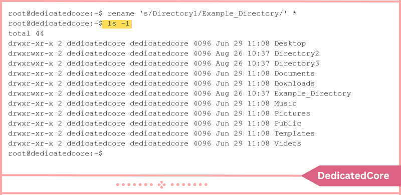 verify new directory name with ls command