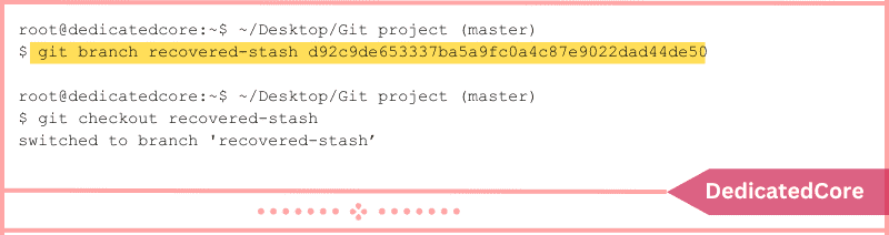 to new git branch apply deleted git stash changes