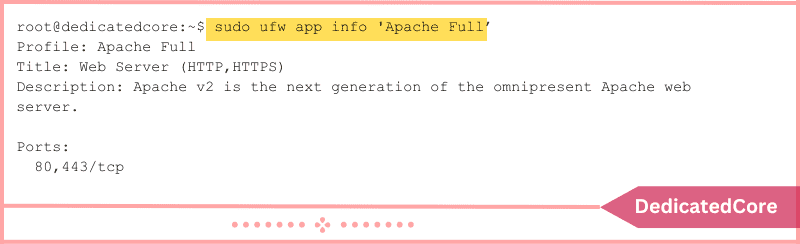 output displays profile info, app description, ports used by app