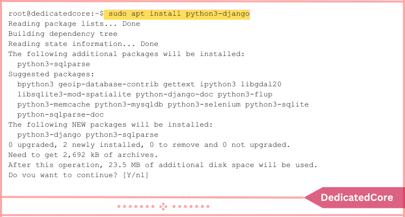 using command install django