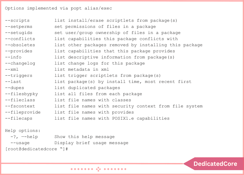 full list command options help command