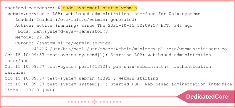 command checks webmin service status