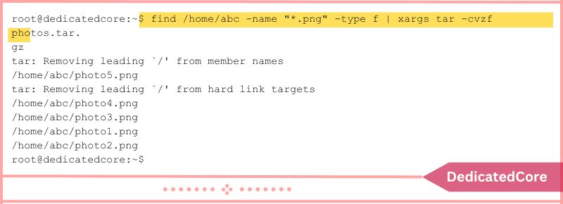 files by find command used with tar command